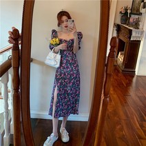 PigPug 빈티지 유화 느낌 소녀 플라워 네모난 칼라 거품 소매 트임 원피스 허리 걷어 날씬해 보이는 반팔 롱 스커트 여름