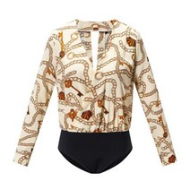 new 여성 브이넥 꽃 턱시도 랩 새틴 바디 슈트 긴팔 레오타드 탑 점프 빅사이즈