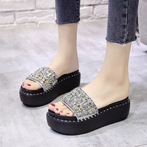 에블 대박걸 화려한 알록달록 큐빅 6cm 통굽 여성 슬리퍼 2color