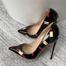 양가죽펌프스 사계절 여성 면접구두 Heelgoo Lipsticker Print 광택 발가락 하이힐 블랙 파티 ShoesSlip On Stilettos Pumps 빅 사이즈 33-4