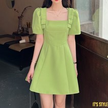 잇츠스타일 [L-4XL] 스퀘어넥 허리 슬림 어깨 포인트 그린 여름 반팔 미니원피스