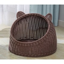라탄 고양이 하우스 오픈형 물세탁 방석 먼지없는 고양이집 숨숨집, 브라운