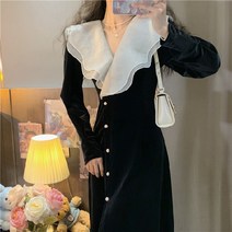 DFMEI 스커트 프릴 브이넥 배색 버튼풍 원피스