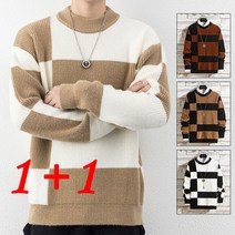 1+1남성 스웨터 라운드 니트 체크무늬 긴팔니트