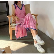 핫핑크 니트 롱원피스 레이어드룩 민소매 펀칭 스커트 여행지 휴양 휴가룩