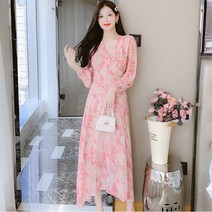 AISEO 여성 춘추 세미정장룩 패션코디템 큐티라인 크로스오버 브이넥 A라인 플라워 롱원피스 CY6348
