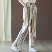 [뽐나] 여성 빅사이즈 파스텔 컬러 스트라이프 밴딩 긴 바지