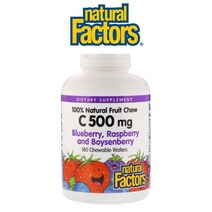 Natural Factors 츄어블 비타민C 500mg 과일맛 헤스페리딘 로즈힙 루틴 보이젠베리 블루베리 비건 180웨이퍼