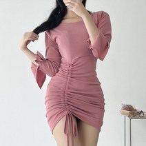 여자 긴팔 초슬림 에스라인 셔링 리본끈 미니원피스