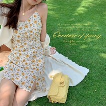 DFMEI 작은 분할 V 넥 노란색 꽃 무늬 서스펜더 드레스 부드러운 바람 달콤한 줄기 오렌지 첫사랑 짧은 치마 여성 여름