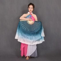 잉크 블루 화이트 그라데이션 리얼 실크 팬 베일 양면 고전 민속 춤 팬 무대 쇼 소품 팬 1쌍, 31cm-20cm, picture color