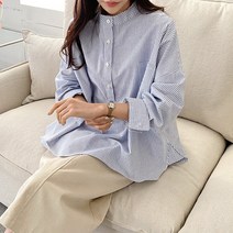 봄 여름 40-50대 미시 중년 여성 엄마옷 줌마룩 세련된 차이나카라 스트라이프 면 셔츠 남방 블라우스