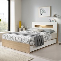 데코라인 포인트 LED 수납형 퀸 침대프레임Q, 오크화이트