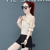 라운드블라우스 레이스 패치워크 실크블라우스 여성의류 0여름옷 배가리기 반팔셔츠 머메이드한 상의 스윗 593918553