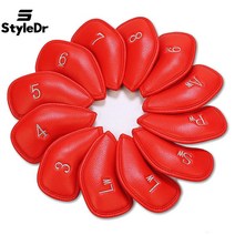StyleDr 고급 PU가죽 골프 채 아이언 헤드 커버 1세트 12개, 붉은색