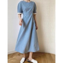 [오피스룩/출근룩/결혼식 하객룩/44-66사이즈] 셀라 30대 40대 미시 여름 반팔 돌잔치 엄마 등원룩 상견례 고방 깅엄체크 하늘색 시원한 면 데일리 슬림 롱 원피스