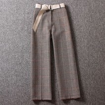 코듀로이 팬츠 골덴 울 체크 와이드 벨트 하이 웨이스트 스트레이트 와이드 드레이프