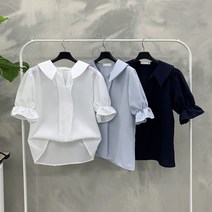 행복여[신상무배]세리 셔링 소매 오픈 카라넥 블라우스