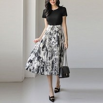 스타일온미 퀸즈 엔틱 프린팅 플리츠 배색 리본SET 플레어 원피스