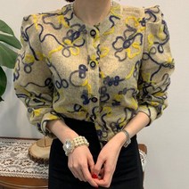가을 복고풍 라운드 넥 꽃 짧은 퍼프 슬리브 가디건 스웨터