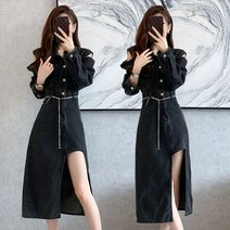 여성 카라 데님원피스 앞트임 원피스 슬림핏 A라인 청 데님 롱 스커트 원피스