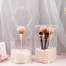 뚜껑있는 투명 아크릴 육각 메이크업 브러쉬 정리 보관함, 육각케이스+핑크진주