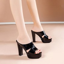런슈즈 에나멜 가보시 오픈 스트랩 통굽 뮬 샌들 힐 12cm