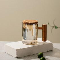 홈카페 찻잔 고급 나무 우드 원목 내열유리컵 인테리어 소품 호두나무 너도밤나무 손잡이 뚜껑, -개, 호박색으로 덮인【500ML】