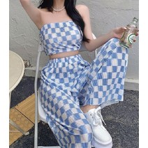 해외직구 투피스 체크 팬츠 여름 봄 와이드 하이 웨스트 부츠컷 오픈 숄더 연예인 사복 패션