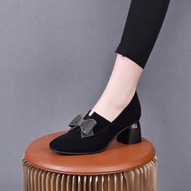 Z3JC 여성 단화 봄 블랙 리본 힐 스웨이드 로우탑 여성화 라운드 로퍼