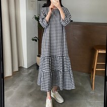 퍼니걸스 6203 루즈핏 라운드 체크 캉캉 플레어 롱 여성 원피스 여성의류