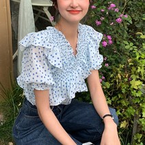 메이킹유 반팔 셔링 프릴 도트 땡땡이 캐주얼 9706미폴블라우스