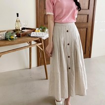 셀러허브(잡화) 여자 데이트룩 헤링본 버튼 린넨 롱스커트