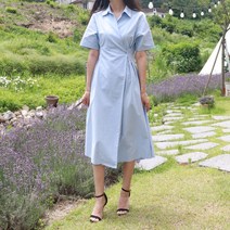 다나나나 코튼 반팔 카라 셔츠 벨티드 플레어 랩 롱 원피스