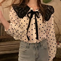 디작소 여성 봄 레이스 빅카라 도트 리본 블라우스