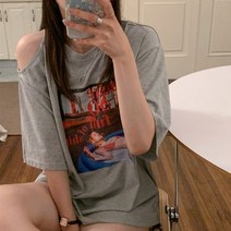 프린팅 어깨 트임 오버핏 티셔츠 핑크/화이트/그레이