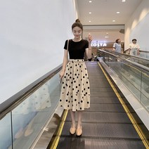 Makone 여성용 여름 반팔 세트스커트 세트 스커트녀 기질 작은 키 날씬해 보이는 도트 원피스 투피스