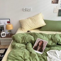 [All] 북유럽 인스타 감성 투톤 파스텔 침구 커버 풀세트 4종 단색 사계절 코튼 순면 이불 모음, 치즈+그린_슈퍼싱글 시트형 4종