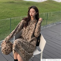 라오농 가을 겨울 레오파드 호피 후드 롱 여성 니트 원피스 하객원피스 가을 겨울 원피스 빅사이즈+odf01X