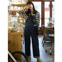 여성 멜빵 복고 바지 점프수트 가을 겨울 레트로 다크 블루 데님 바지 여성 버전 루즈핏 스트레이트바지