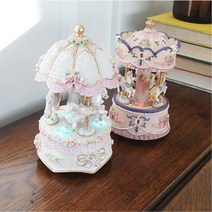 공주풍 회전목마 디자인 무빙 LED 뮤직박스 선반장식 데코레이션 홈테코, 핑크