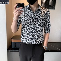 남성호피셔츠 남자 호피 반팔 플라워 셔츠 캐주얼 건달 칠부 소매 셔츠 고급스러움 남복 여름 아이스 작은 셔츠