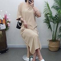 제이후 봄 여름 라운드 H라인 일자 옆트임 반팔 골지 롱 원피스