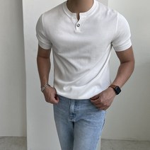 라플 원 버튼 헨리넥 반팔 니트