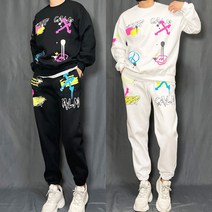 [SET]가능 기모 추가 고퀄 합포 CALM 배색 발포 나염 프린팅 빅사이즈 오버핏 이중지 맨투맨 밴딩 조거 팬츠 트레이닝 세트 셋업_(3Color)(합포 기모 2Type)