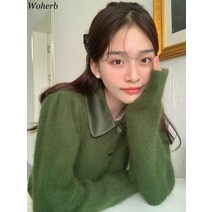 여자가디건 여성니트가디건 간절기 Woherb-숏 가디건 세련된 패션 싱글 브레스트 코트 빈티지 패치 워크 턴 다운 칼라 레이디 상의