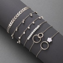 tocona bohemian gold tassel 팔찌 여성용 boho 보석 기하학 잎 구슬 계층 핸드 체인 매력 팔찌 세트 9143, 9143-실버