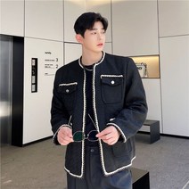 남자트위드자켓 화이트 블랙 노카라 엣지라인배색