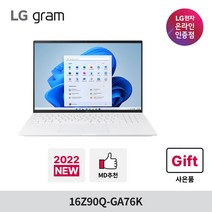 [16z90q-ga5wk] LG NEW 그램 12세대 노트북 16Z90Q-GA76K, Windows11, 16GB, 512GB, 코어i7, 화이트