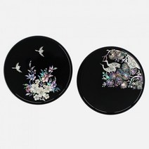 나전칠기 원형 자개컵받침, 송학